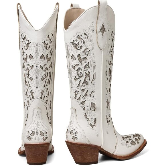 Women White Pointed Toe Pull On Rhinestones Chunky Heel Knee High Western Boots - Picture 3 of 7